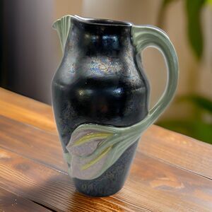 Iridescent Calla Lily Ceramic Vase/Pitcher Majolica Style Luster Glaze 1980s 9"